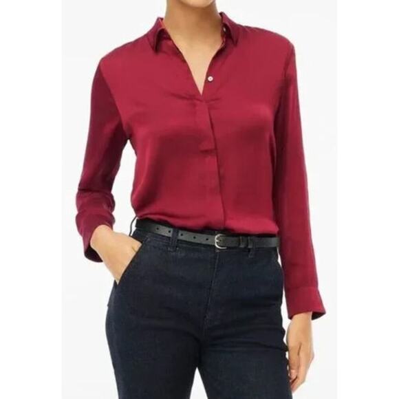 J. Crew Drapey Satin Button Up Top Long Sleeve Blouse Vintage Burgundy NWT Large - Picture 1 of 9